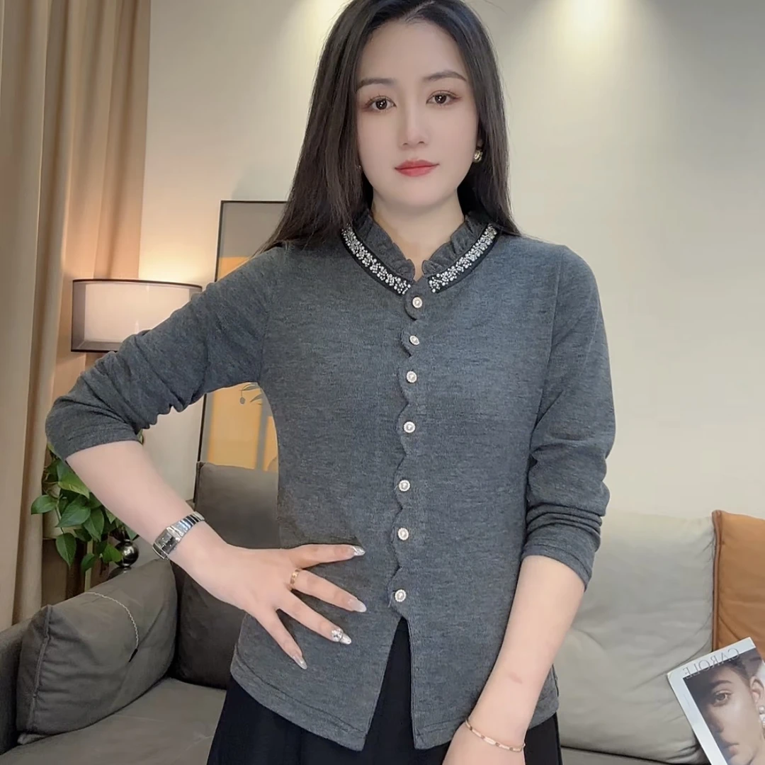 2510春季新款手工钉珠精致减龄洋气设计感弹力长袖打底衫上衣女