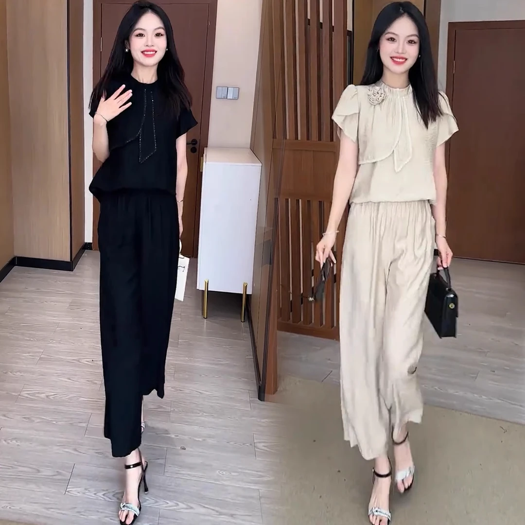 时尚设计感套装女2025夏季新款显瘦立体花朵短袖上衣阔腿裤两件套