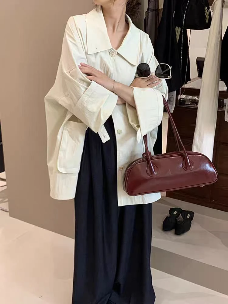 韩版廓形衬衣外套女中长款极简气质翻领外套(B14-7)1572