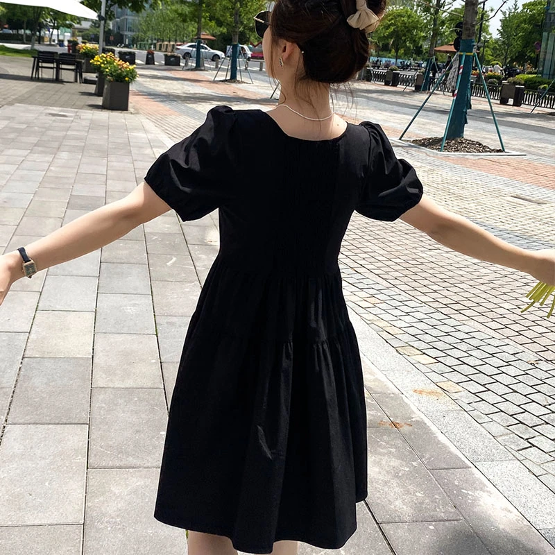 小个子黑色连衣裙2025夏季新款收腰显瘦小黑裙遮肚子短款a字裙子