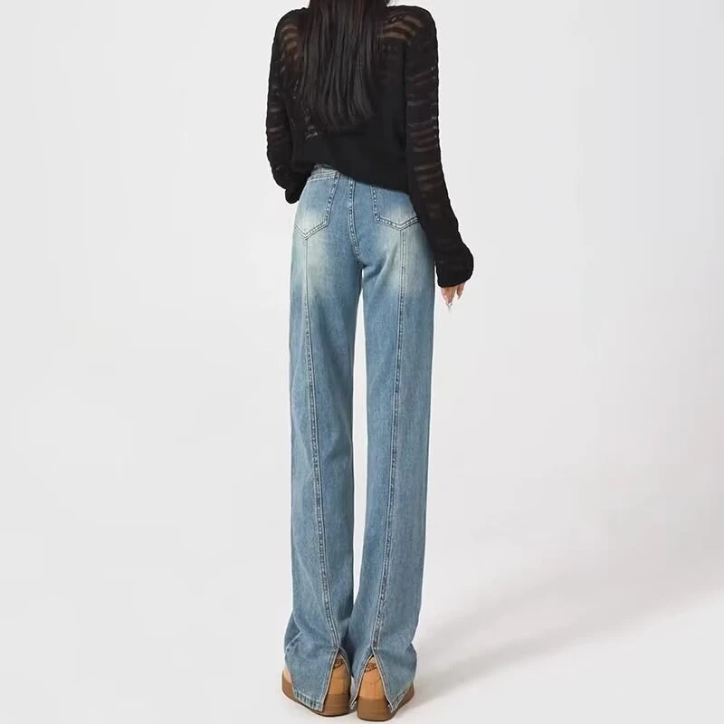 后开叉窄版阔腿牛仔裤女浅蓝色大码设计感高腰宽松显瘦拖地直筒裤