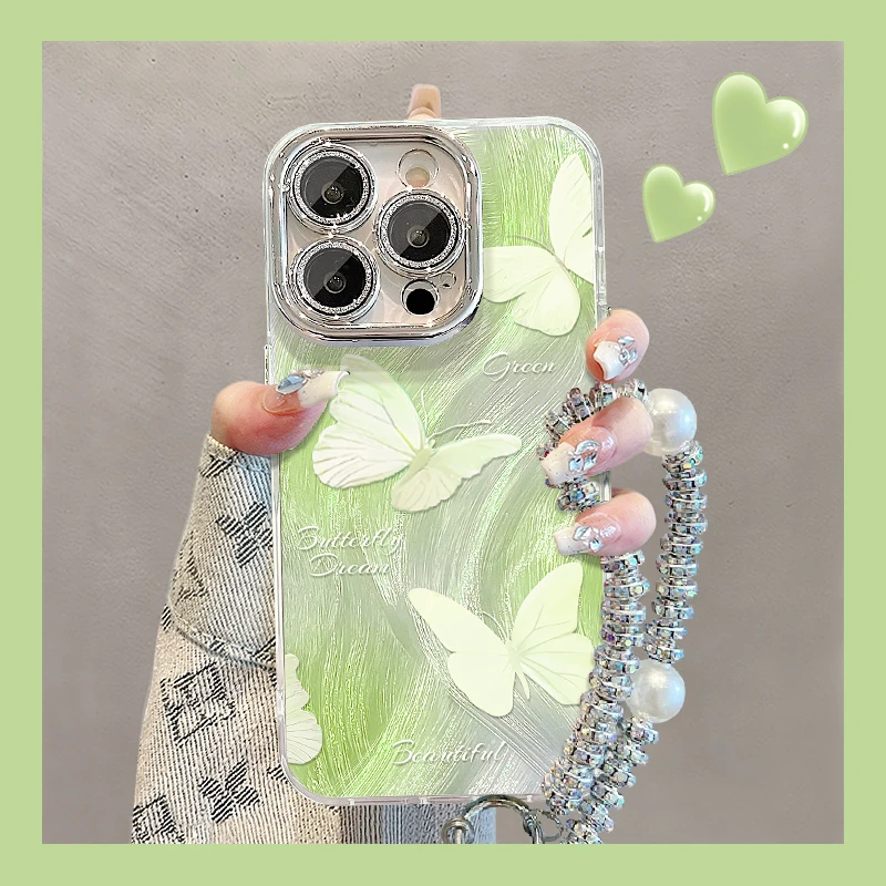 绿色蝴蝶适用苹果15华为vivo/oppo小米iPhone16精孔羽纱纹手机壳