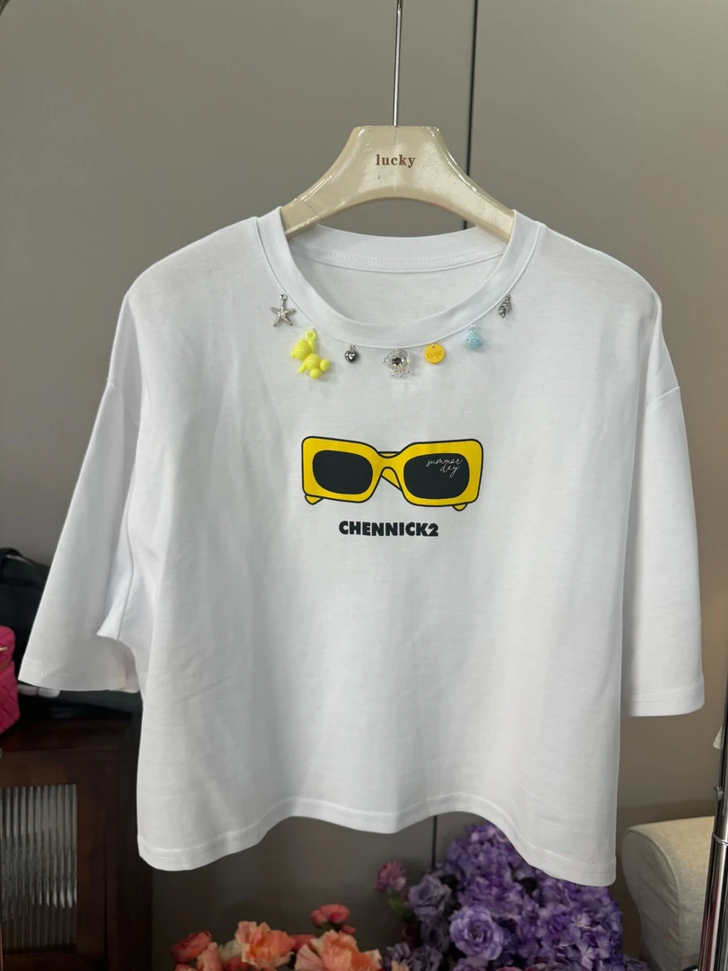 【王小小9528】太阳镜韩版时尚休闲百搭卡通印花短款短袖T恤女