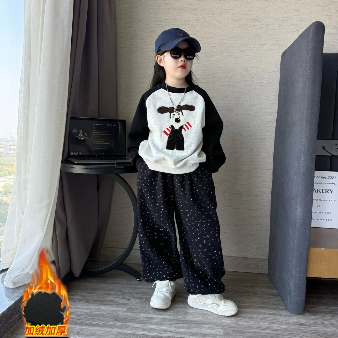 女童秋冬季洋气休闲碎花加绒束脚裤灯笼裤中大童毛巾绣加绒卫衣潮