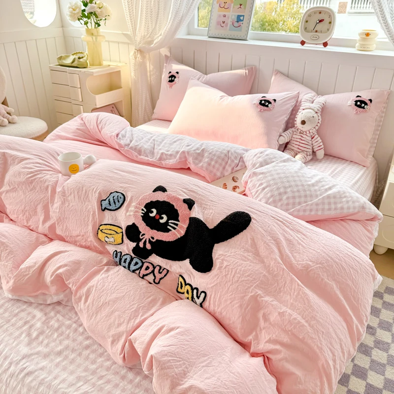 云朵棉毛巾绣四件套可爱卡通床笠床单被套四季通用宿舍单人三件套