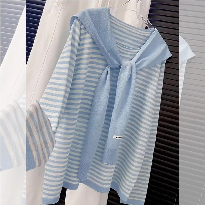 多巴胺蓝色条纹披肩长袖罩衫女2025春秋季新款韩系穿搭薄款上衣