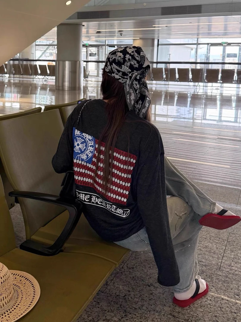 美式复古梵文印花长袖t恤女2025新款夏季宽松设计感休闲上衣