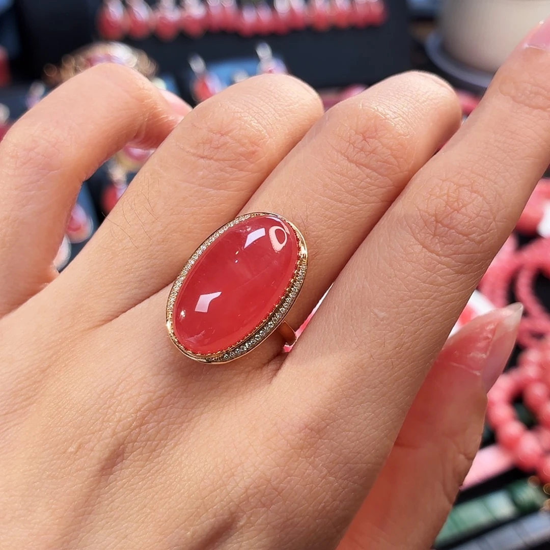 菱锰矿（红纹石）18K金镶嵌戒指