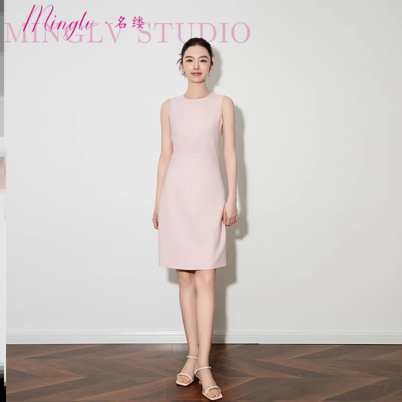 25夏季新款时尚通勤收腰粉色圆领短袖中长款及膝A字裙连衣裙女