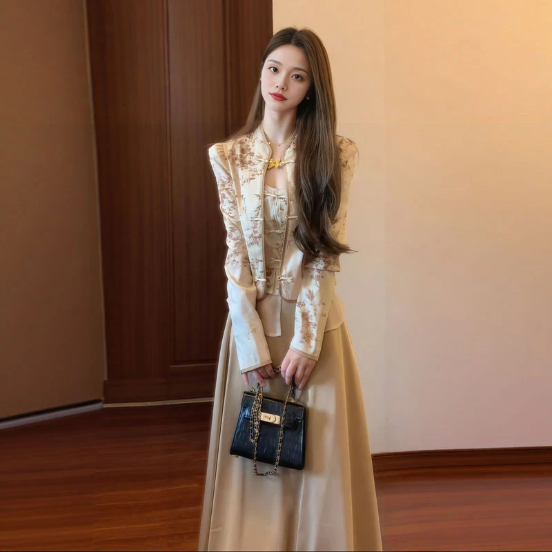 新中式国风套装女2025新款秋季外套吊带上衣半身裙一整套ootd穿搭