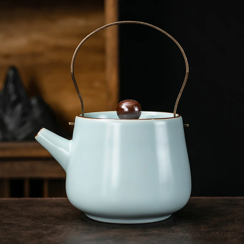 汝窑提梁泡茶壶提梁壶家用陶瓷功夫茶具开片可养带过滤单壶250ML