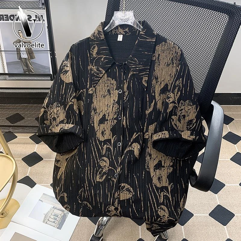 VALVOELITE夏季薄款印花短袖衬衫男复古痞帅港风休闲潮牌高街衬衣