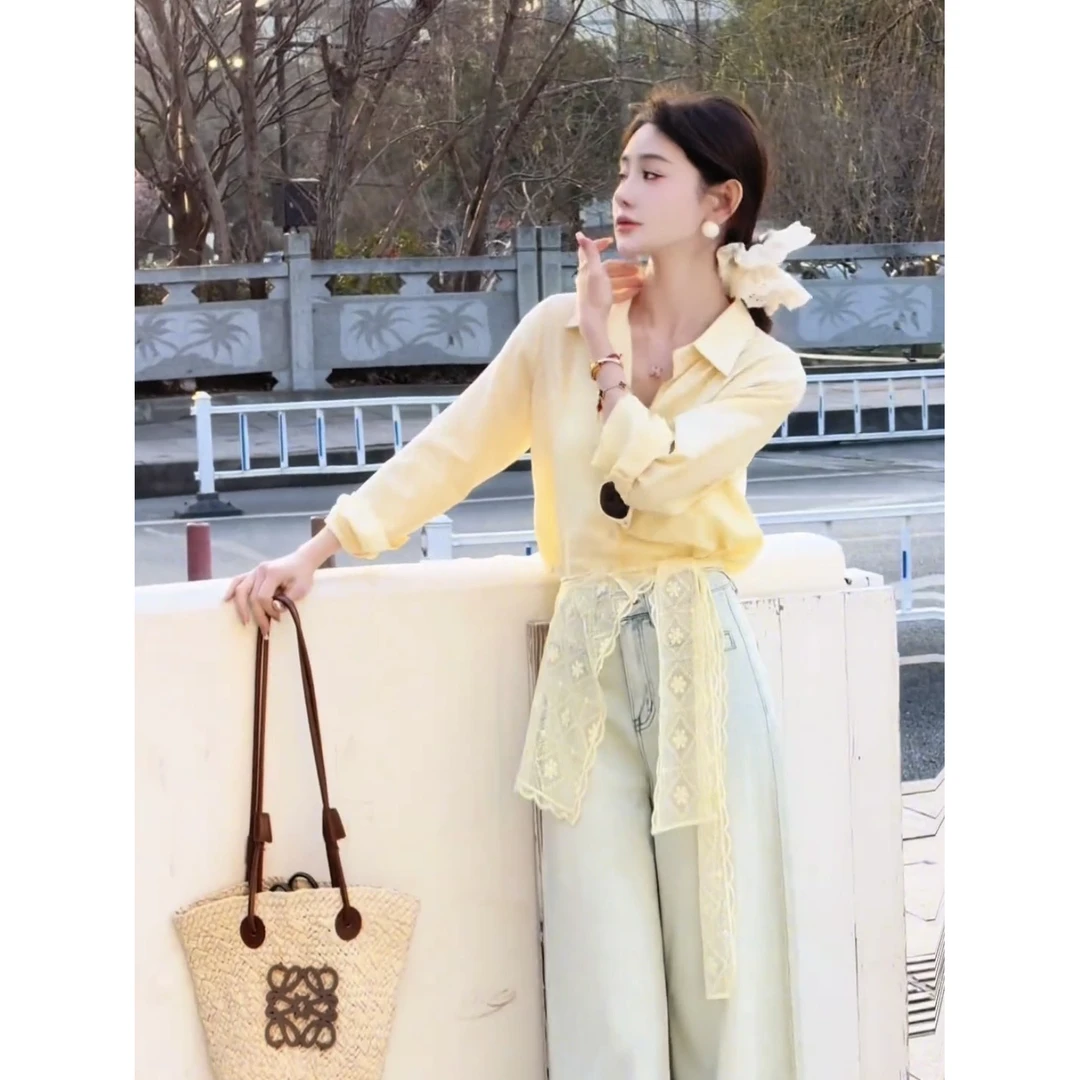 时尚赫本风长袖衬衫+蕾丝披肩设计感小众高级气质穿搭女款春秋季