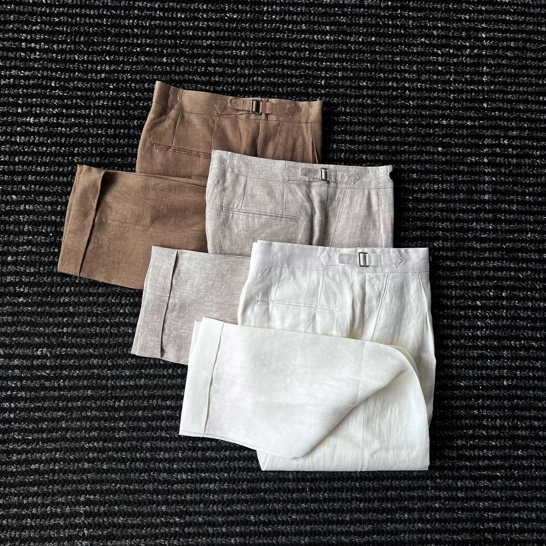 CssuGent那不勒斯皇后100%亚麻西裤男士夏季休闲小直筒裤子