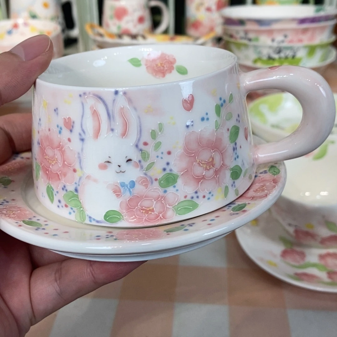 瓷片玫瑰花兔子咖啡杯微瑕