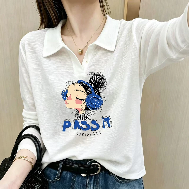 夏季爆款雪花棉白色V翻领polo衫女纯色温柔风简约通勤打底长袖T恤商品图