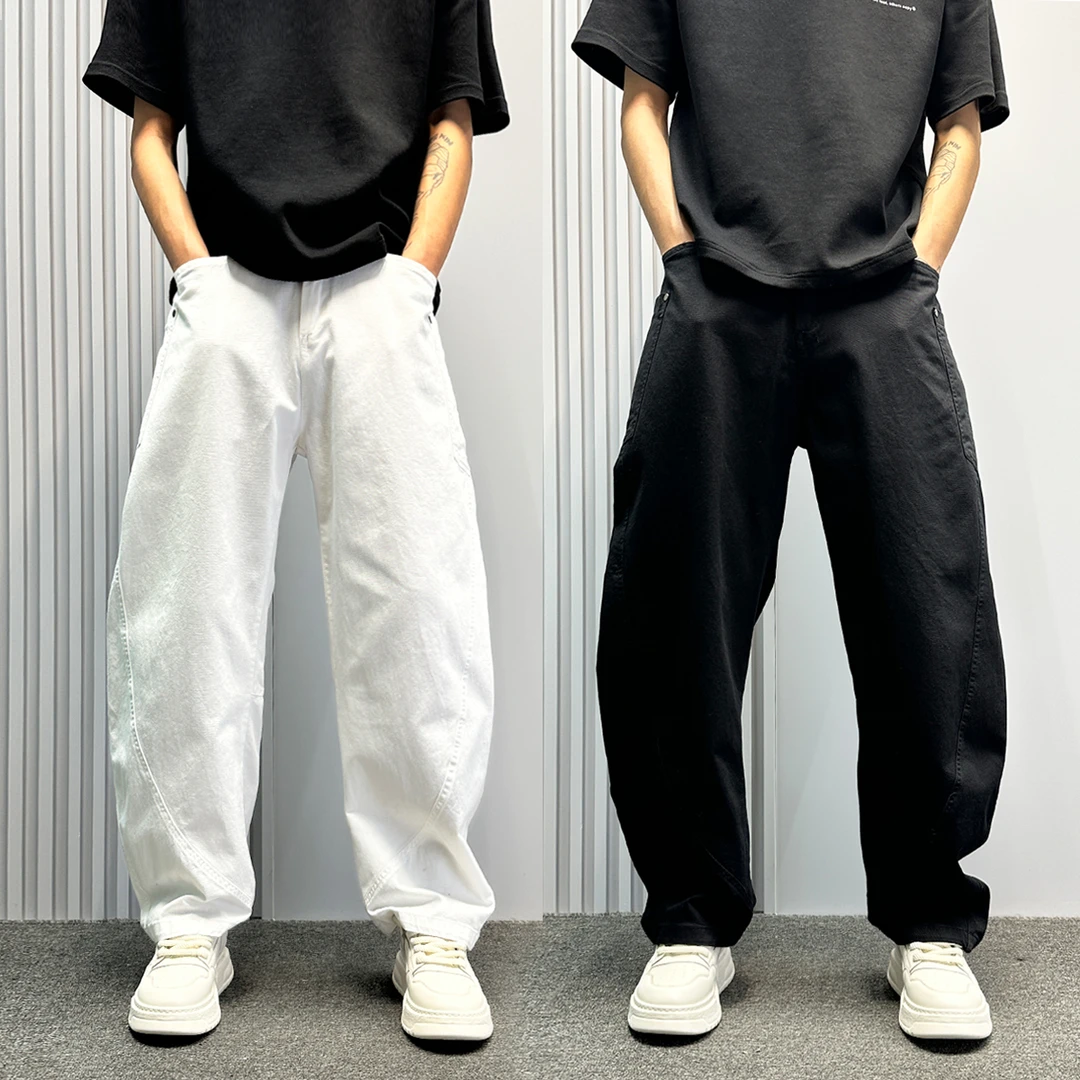 高级感白色香蕉弯刀裤男夏薄款宽松直筒牛仔裤美式潮牌阔腿工装裤