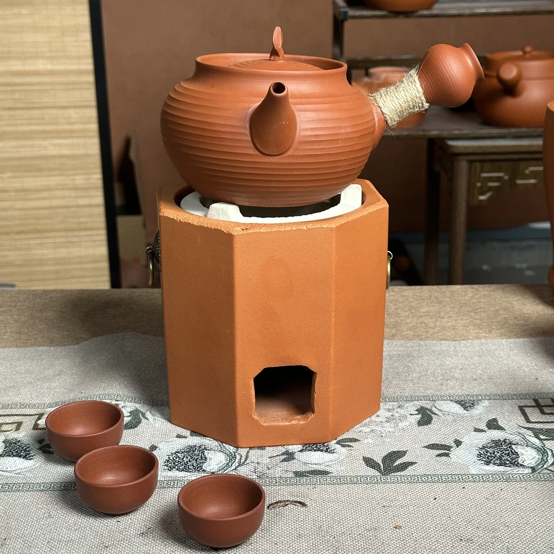 章一山-800mm全手工拉纹侧把朱泥砂铫壶煮茶壶煮水壶围炉煮茶壶