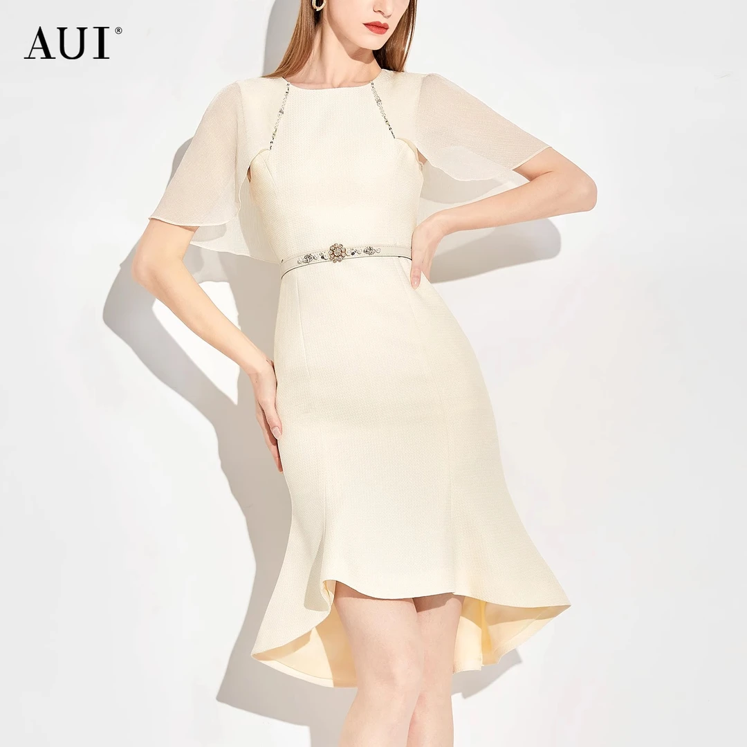 【AUI专属】aui名媛气质法式优雅雪纺连衣裙女鱼尾中长裙-23C012076
