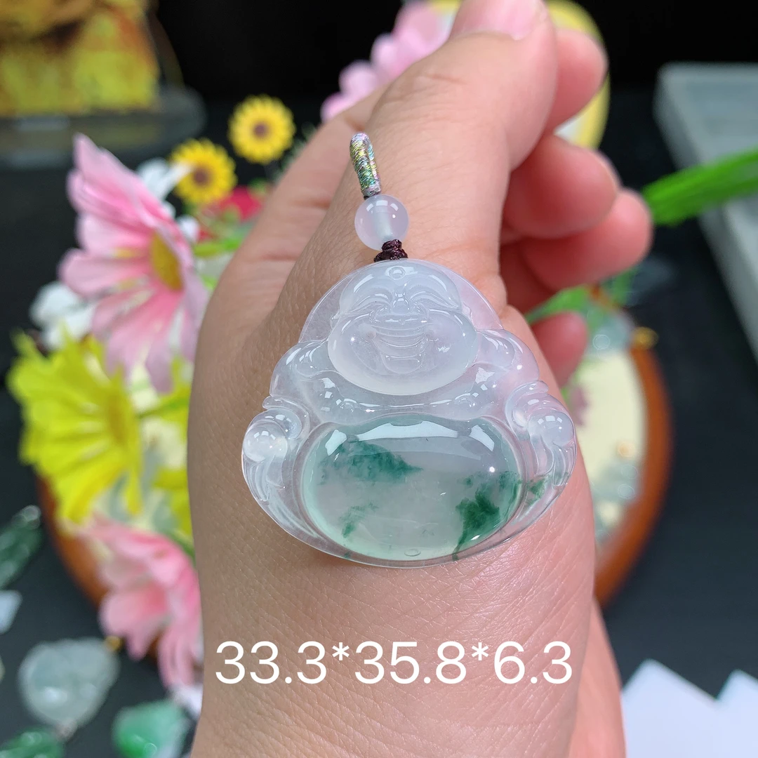 缅甸翡翠A货冰种飘花佛公品吊坠挂件水润百搭精致玉冰气质妈妈精