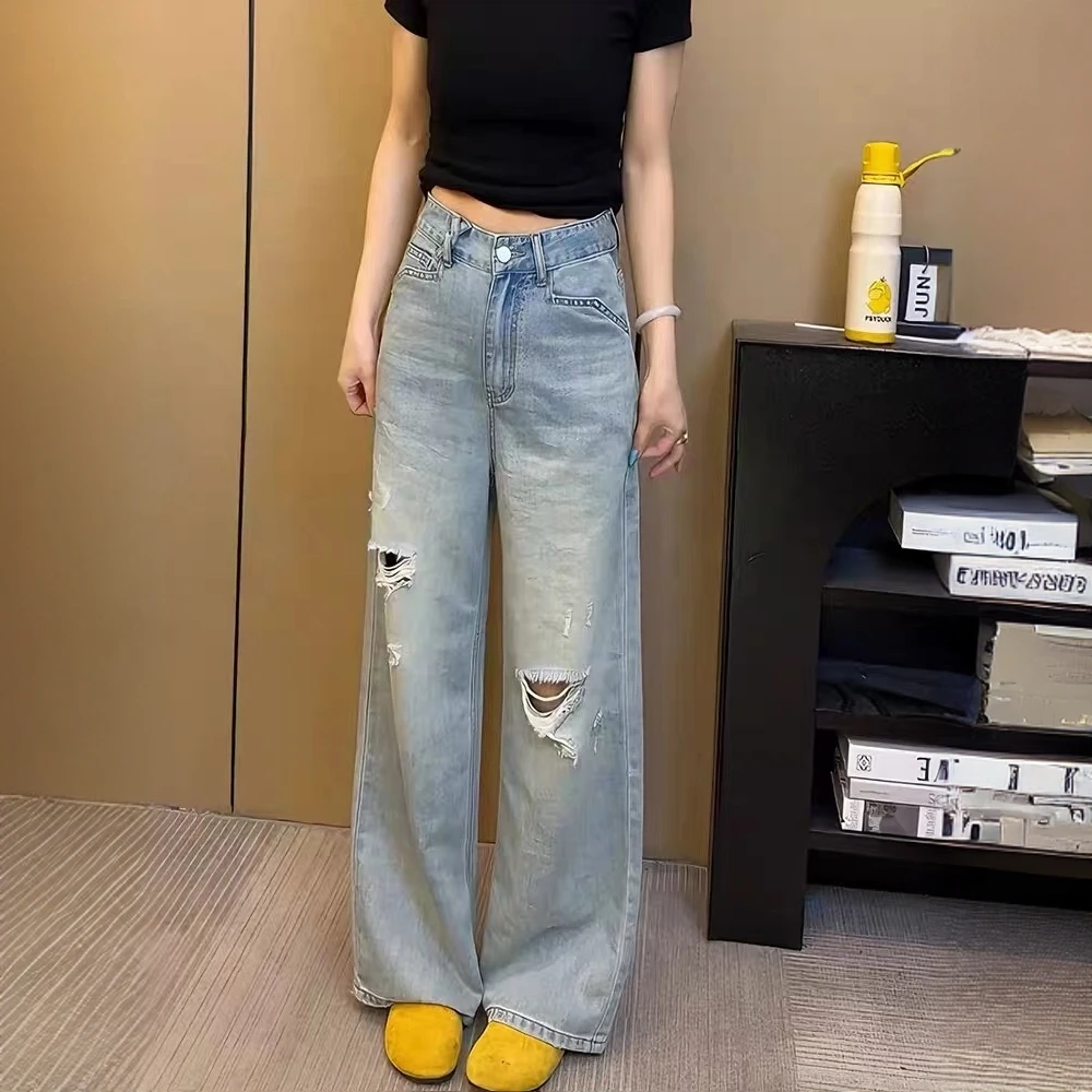 韩版破洞阔腿牛仔裤女夏季新款大码胖mm高腰宽松显瘦百搭直筒裤子