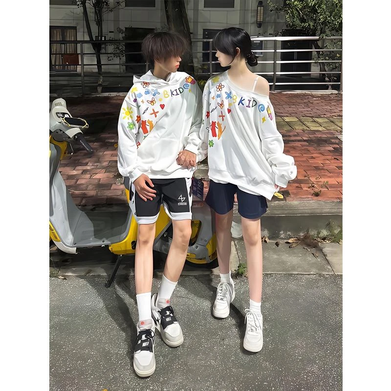 创意涂鸦卡通印花连帽卫衣男女秋季新款情侣帽衫美式复古休闲外套