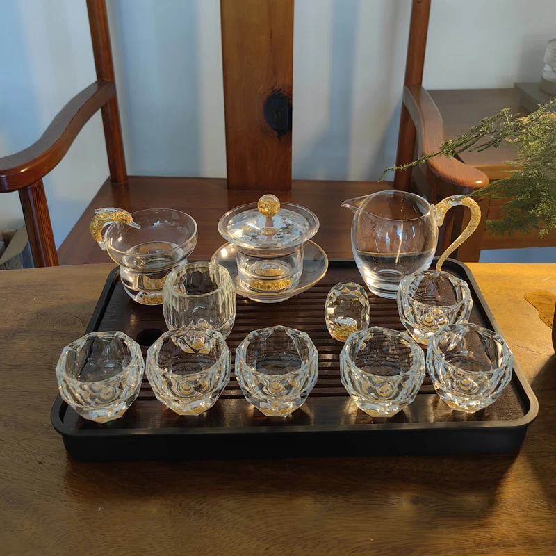 水晶玻璃茶具套装灌金箔轻奢盖碗整套功夫茶具茶杯高端家用定制