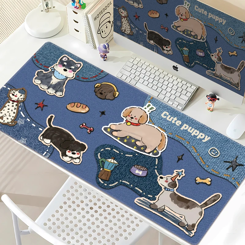 牛仔拼布小狗鼠标垫子超大女生工位桌垫办公电脑键盘垫学生学习垫