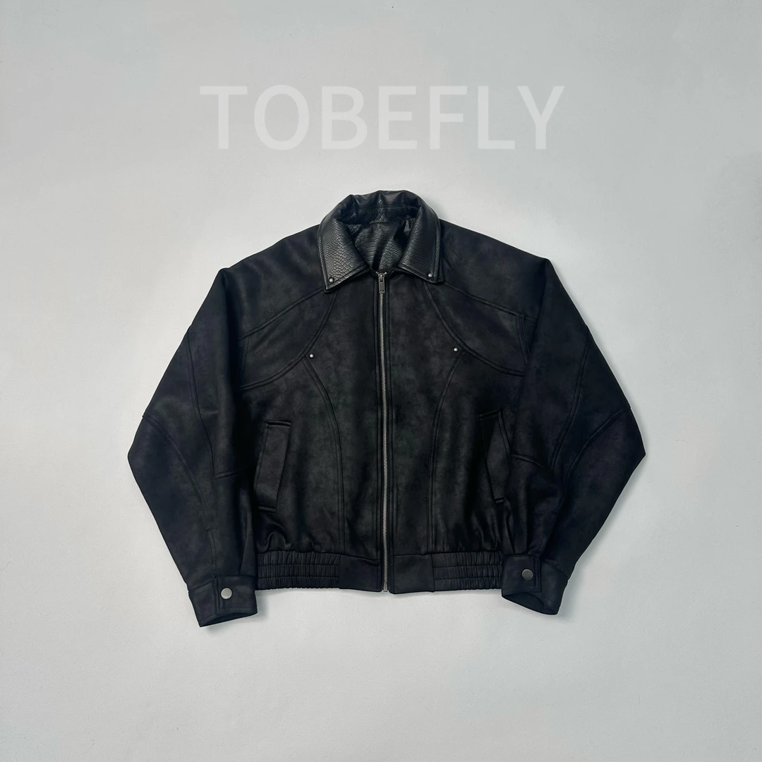 Tobefly设计感高街百搭春季复古拼接夹克翻领时尚外套上衣990339