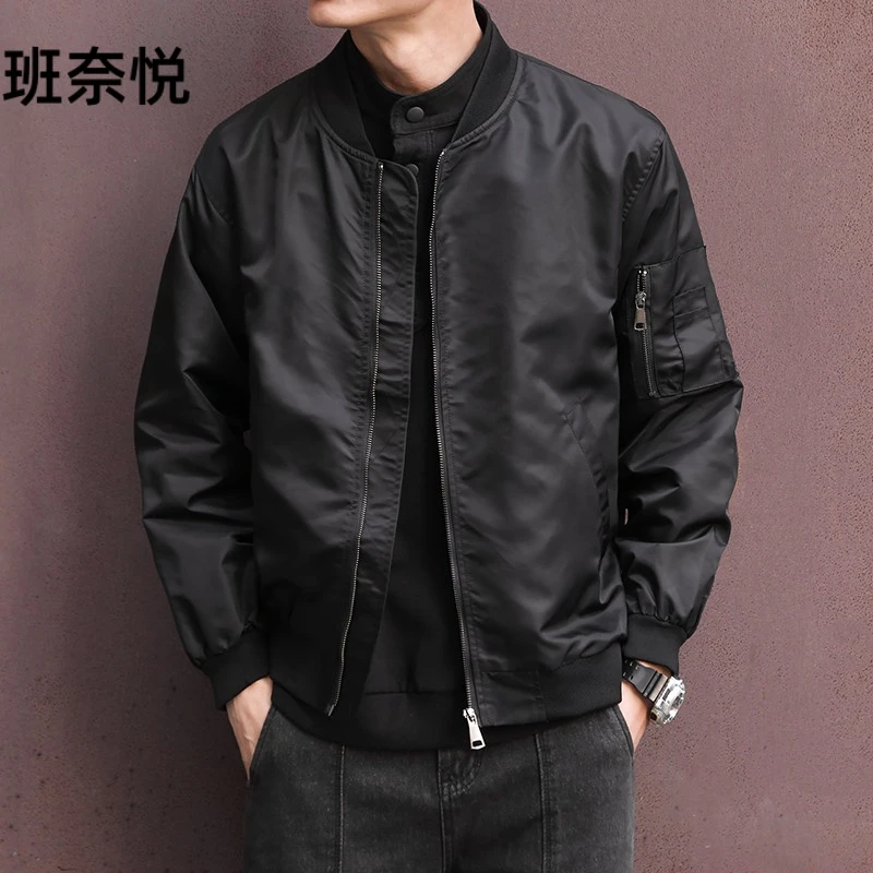 潮牌飞行员夹克男秋冬季宽松复古棒球领上衣美式潮流黑色休闲外套