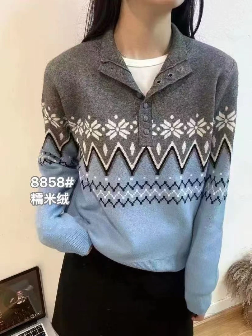 826【蓝色  半开纽扣费尔岛】高级感气质针织女毛衣