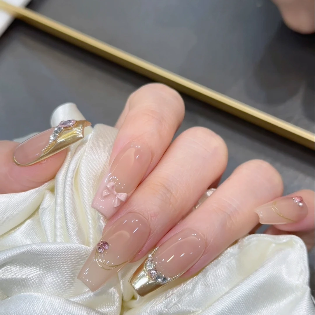 粉金少女 纯手工定制穿戴甲美甲成品美甲贴片10片