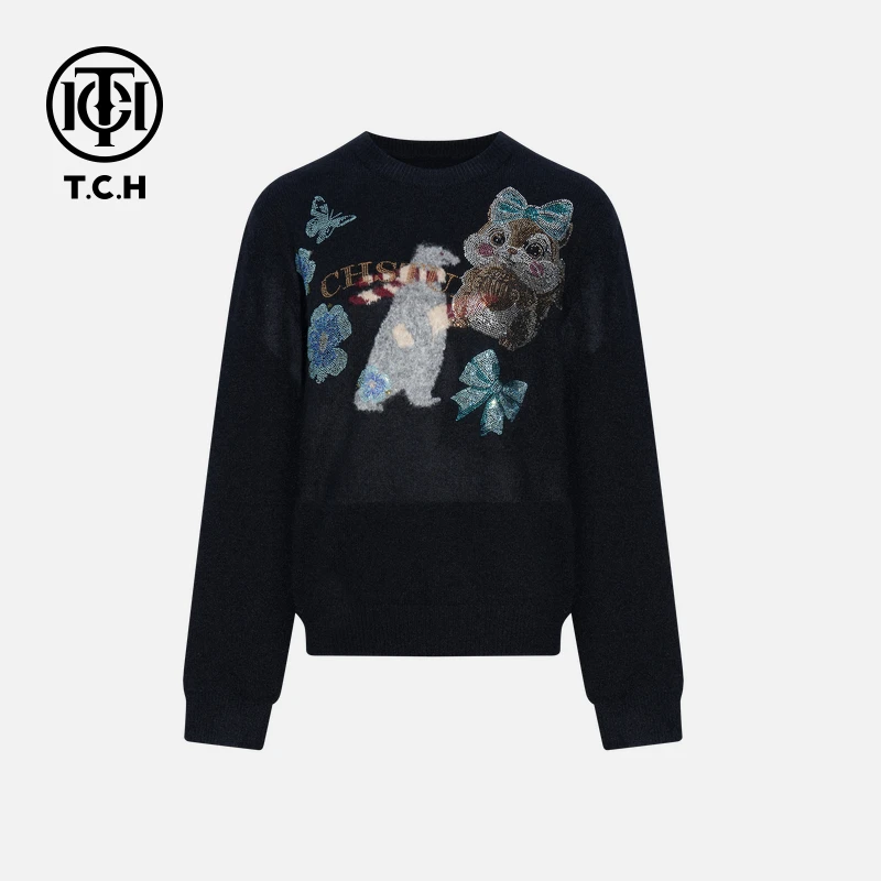 TCH（含绵羊毛）秋季氛围感时尚藏青针织衫T75D09E1010轻奢tch