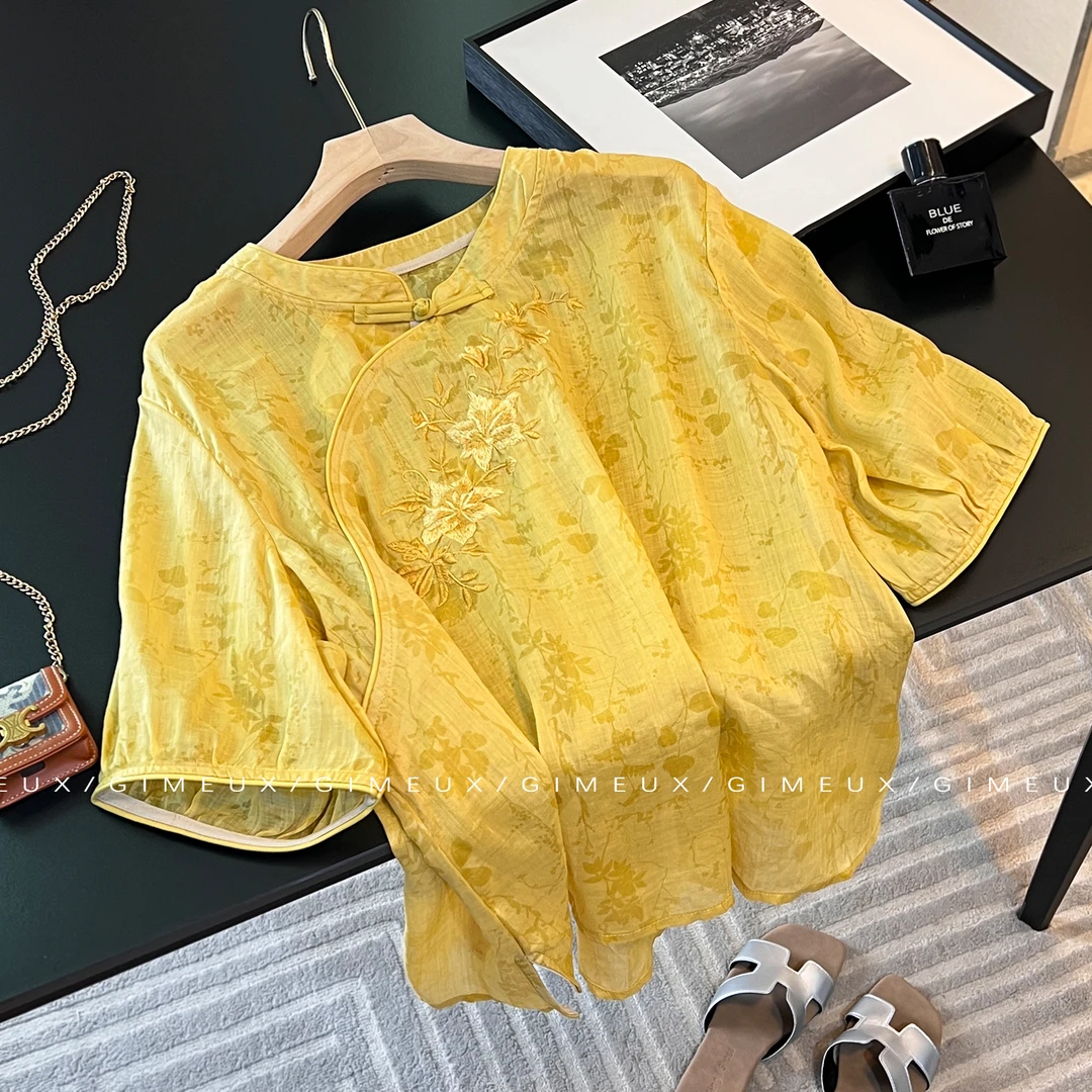 新中式国风禅意刺绣苎麻衬衫女2025夏季新款斜襟翻领白色开衫上衣