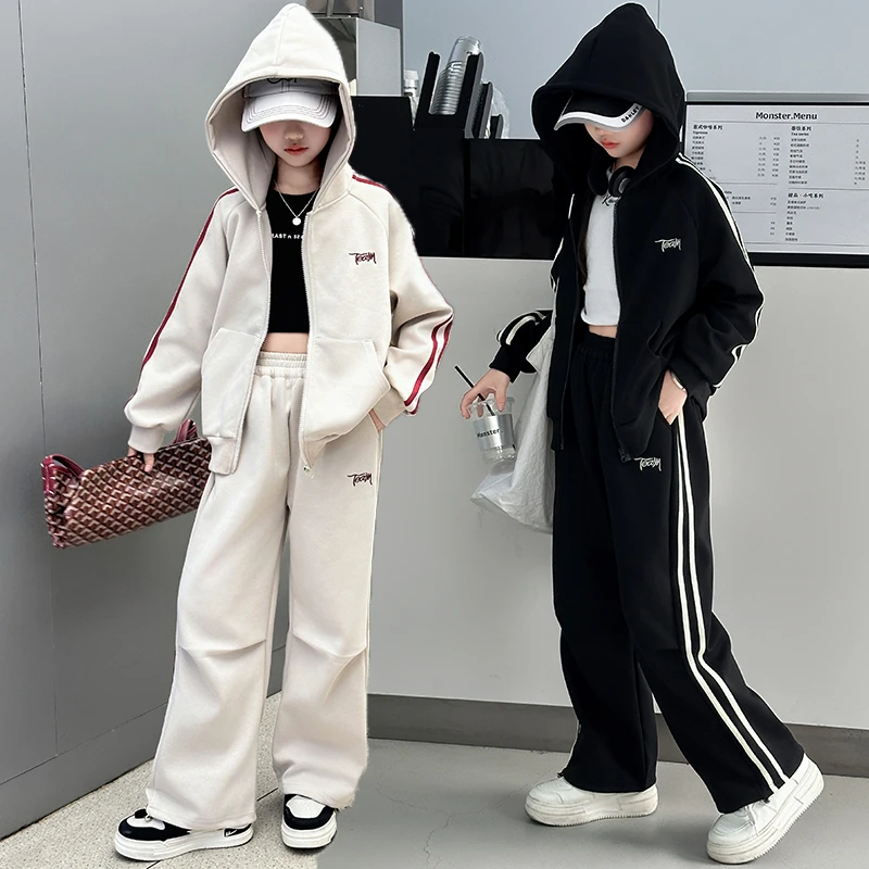 女童春秋套装韩版休闲连帽卫衣外套女孩时尚洋气直筒运动阔腿裤子