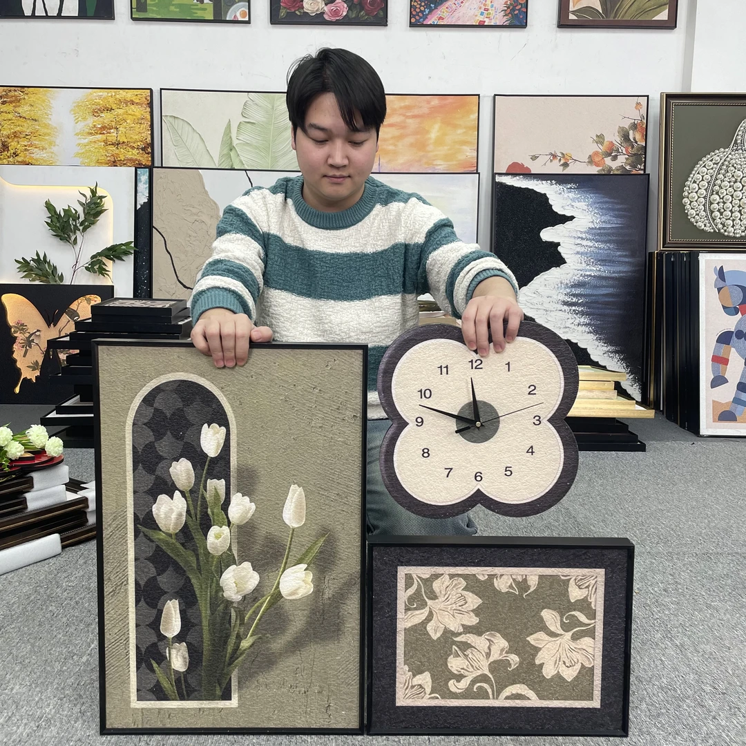 砂岩BB现代清新轻奢花卉钟表背景墙组合画书房卧室床头挂画300