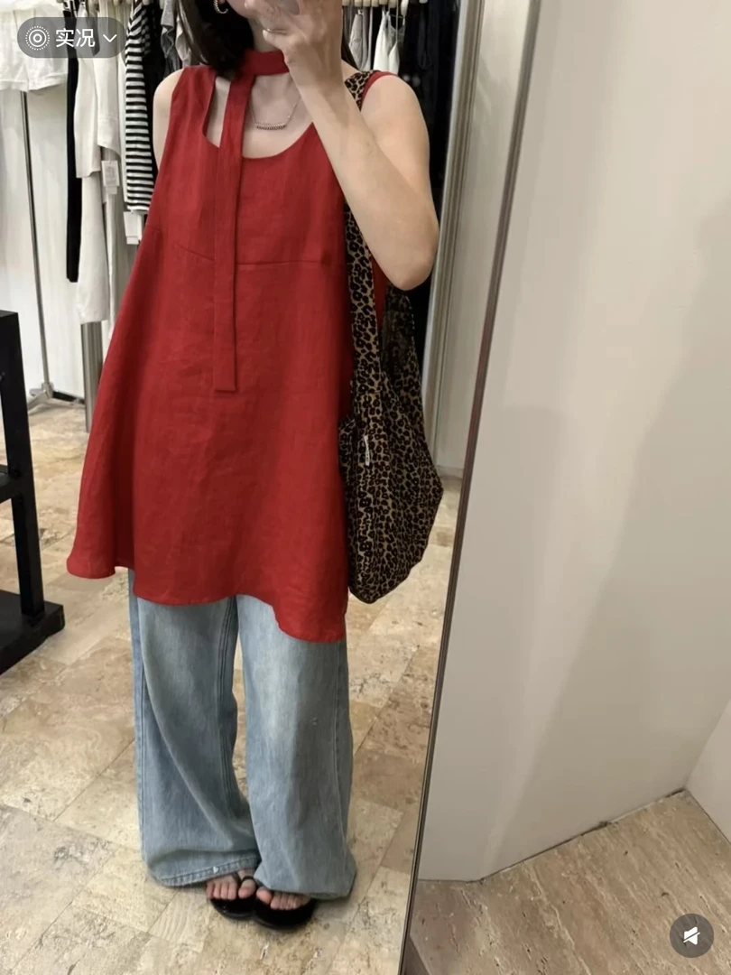 @2632【小城夏天】韩系！宽松遮肉！夏季百搭简约飘带背心连衣裙女