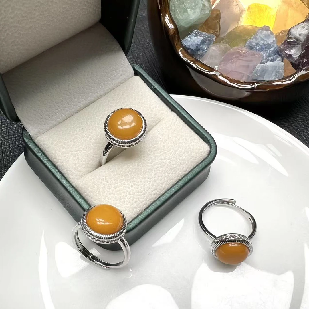 A378天然蜜蜡圆包设计戒指气质复古开口可调节戒指【多样性发一】