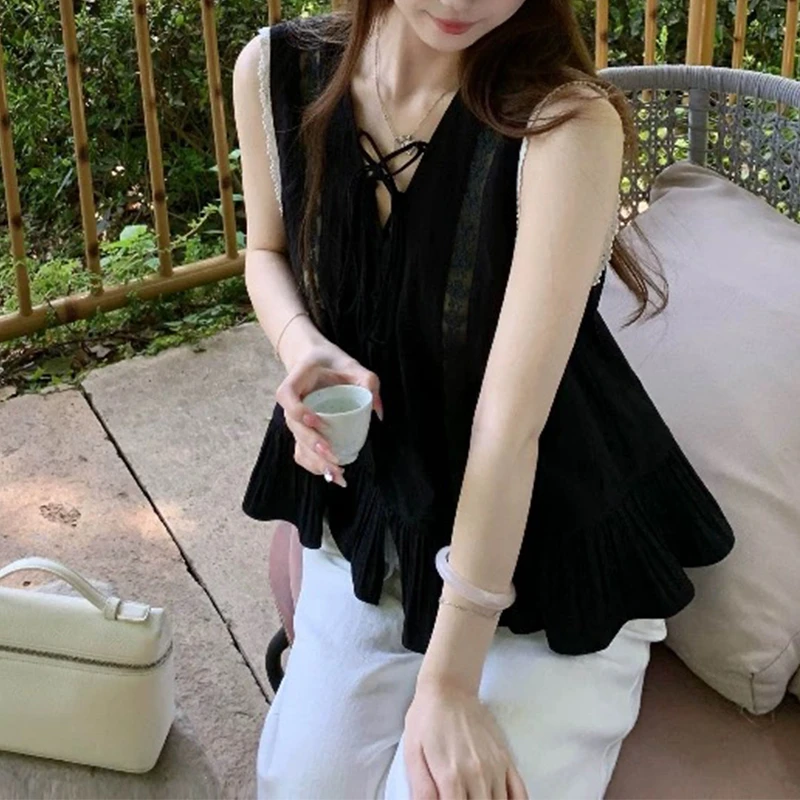 【mimius】U 黑天鹅～蕾丝花边系带设计感无袖上衣 G05292