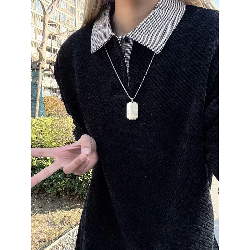 黑色鱼骨纹长袖polo衫男款秋冬加绒千鸟格卫衣美式重磅内搭打底衫