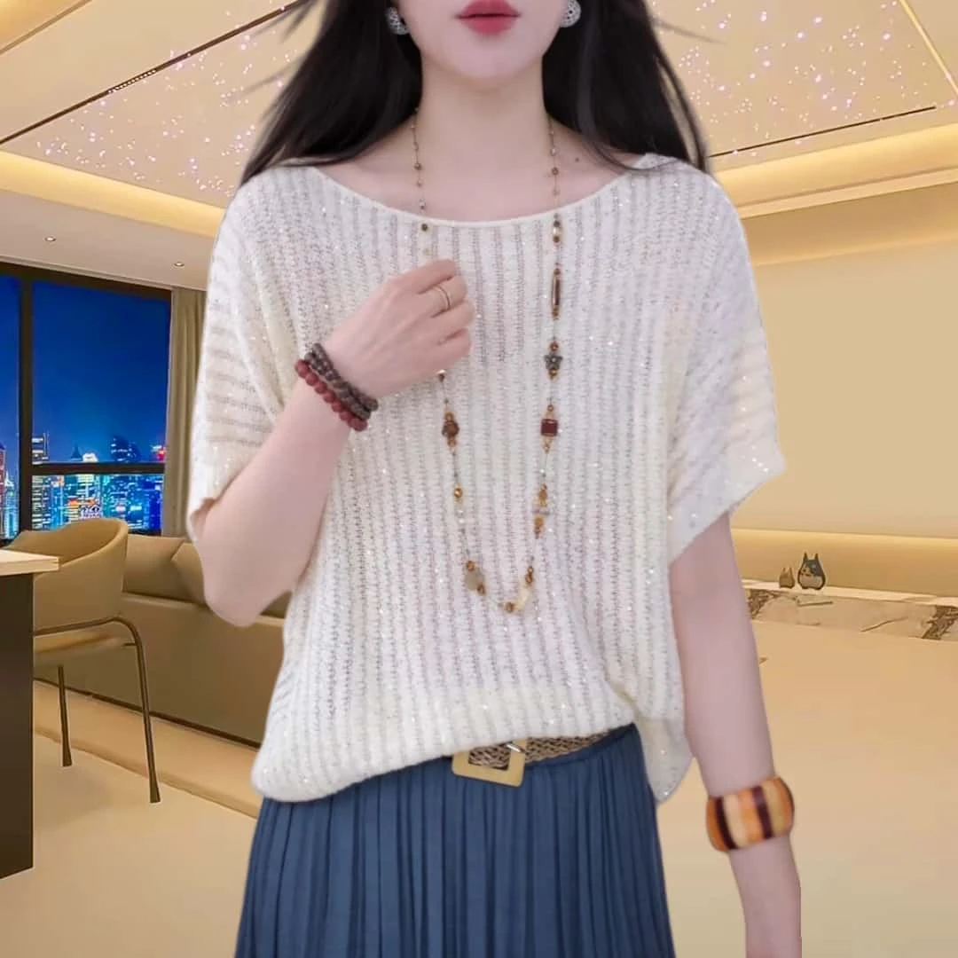 夏季宽松亮片蝙蝠袖针织衫女2025时尚慵懒百搭显瘦透气短袖上衣