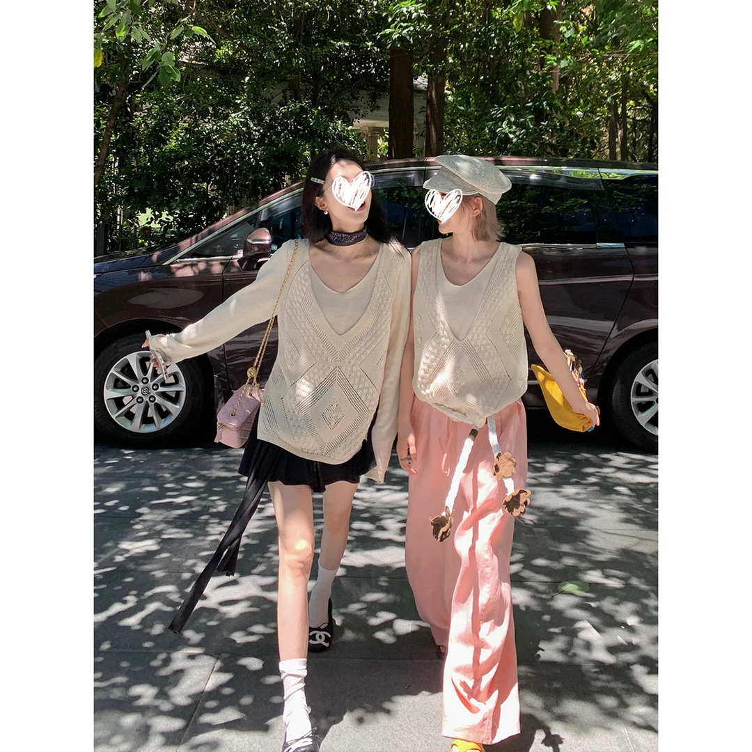 假两件镂空针织衫女早秋新款设计感小众宽松慵懒风上衣