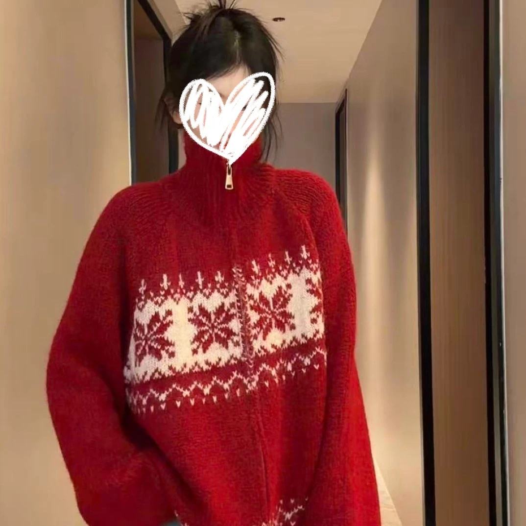 秋冬加厚毛衣开衫外套女费尔岛红色拉链毛衣宽松提花大版外套3511