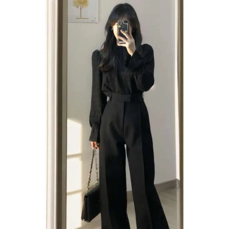 FAVMARTHA早春穿搭套装女2025年新款酷飒拽姐黑色衬衫西装裤今年
