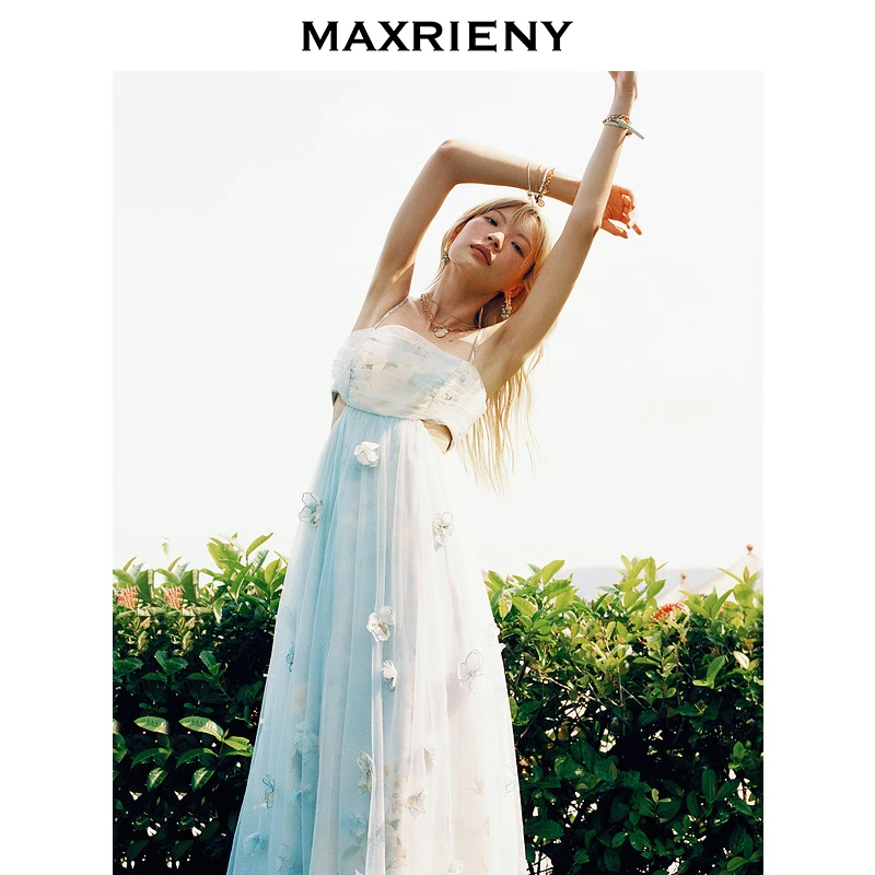 【海边度假-商场同款】MAXRIENY海盐蓝立体花朵裙立体花裙子夏季