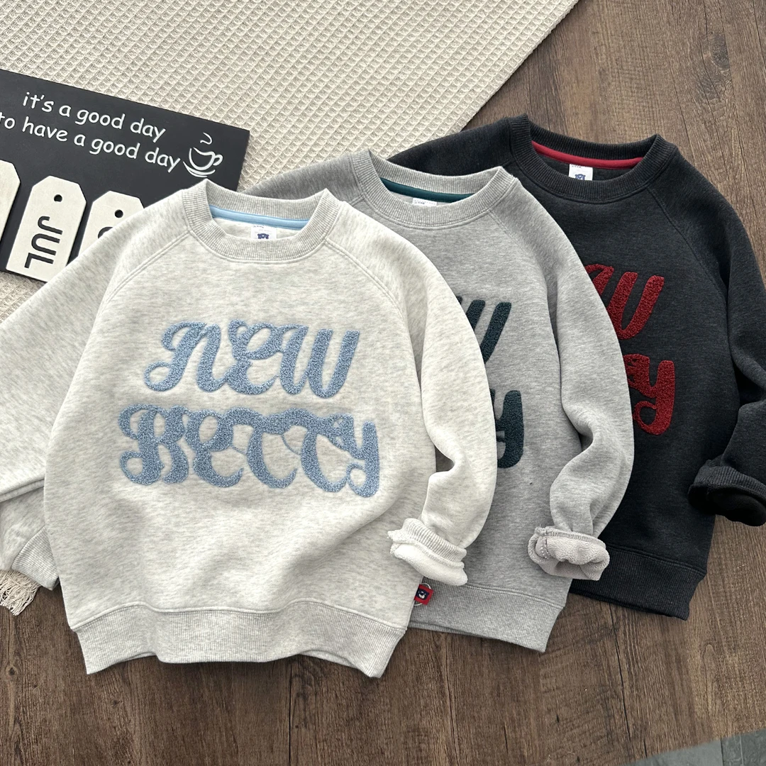 男童圆领加绒卫衣儿童秋冬款撞色字母插肩袖洋气上衣