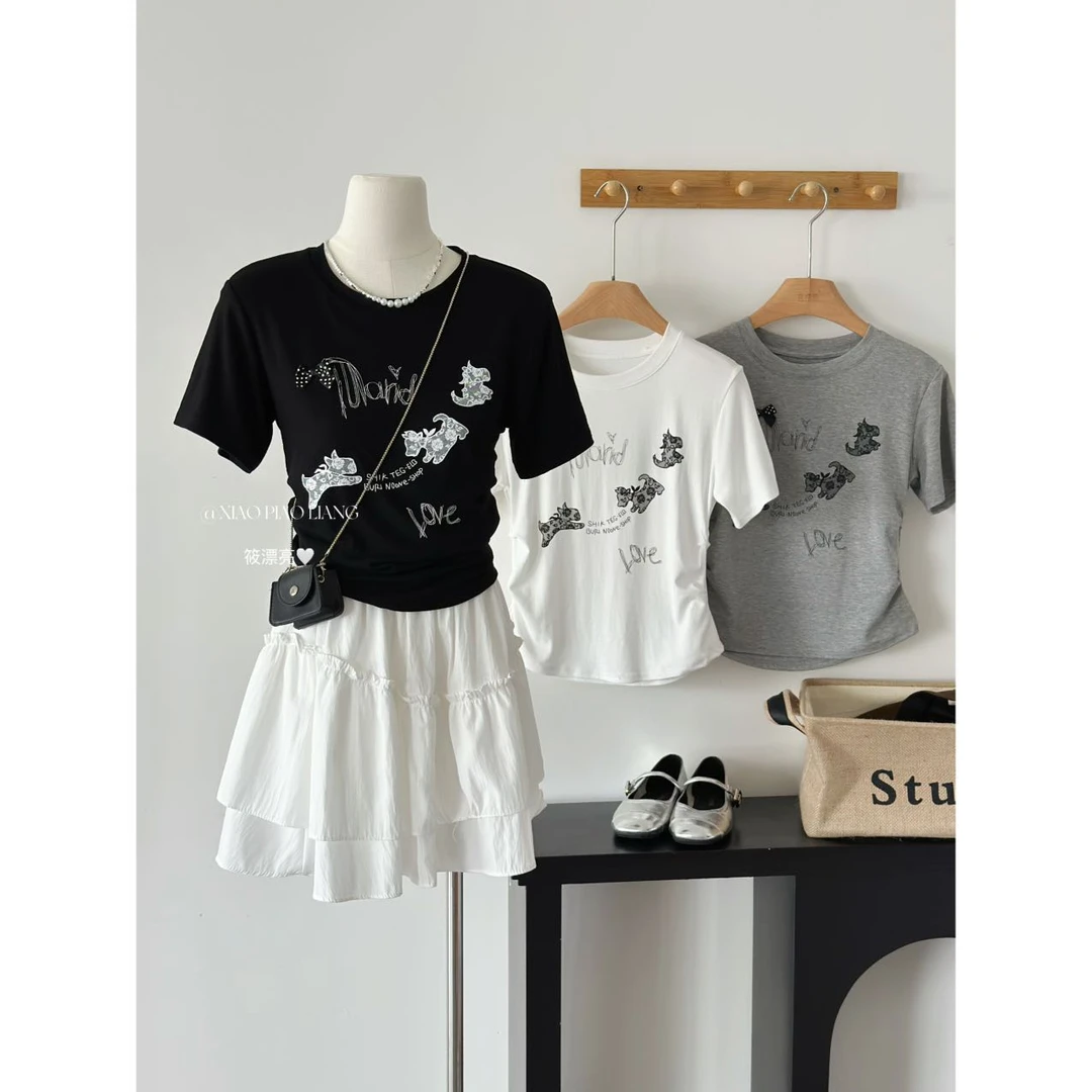 韩系学院风减龄蝴蝶结卡通图案设计褶皱收腰显瘦百搭T恤7659#0.1