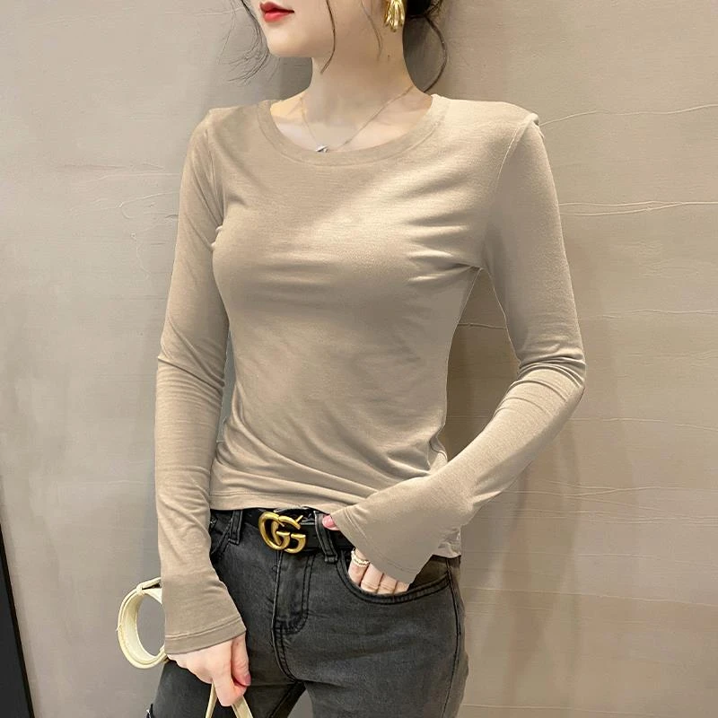 卡其色圆领长袖恤女2024春秋新款莫代尔紧身内搭打底衫洋气上衣