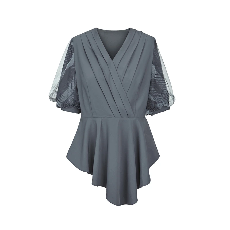 sdeer圣迪奥女装时尚气质V领压褶晕染网纱泡泡袖衬衫S23280406