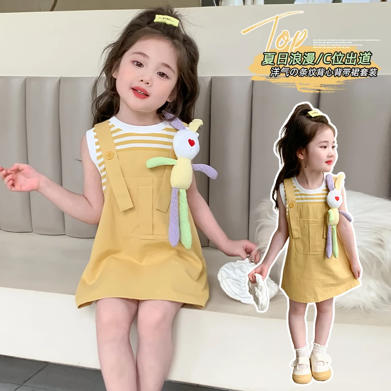 女童无袖连衣裙夏季2025新款儿童条纹背心裙洋气宝宝假两件背带裙